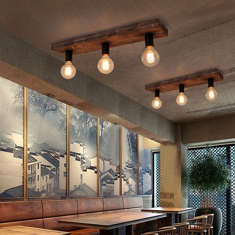 Retro Solid Wood 3-Light Flush Mount Ceiling Light