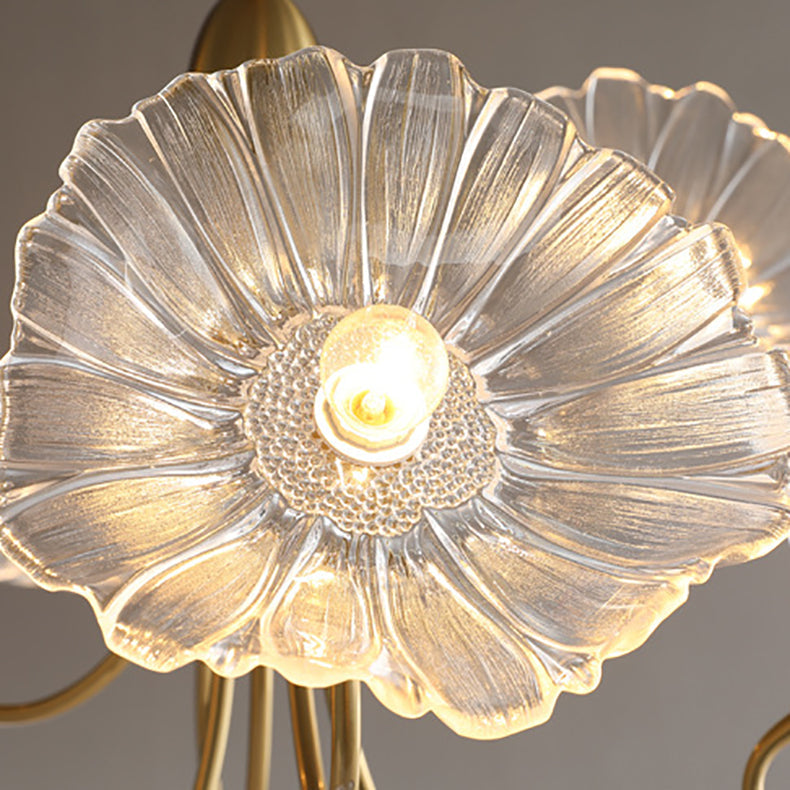 Modern Art Deco Gold Finish Frame Lotus Leaf Glass Shade 3/6-Light Chandelier For Living Room