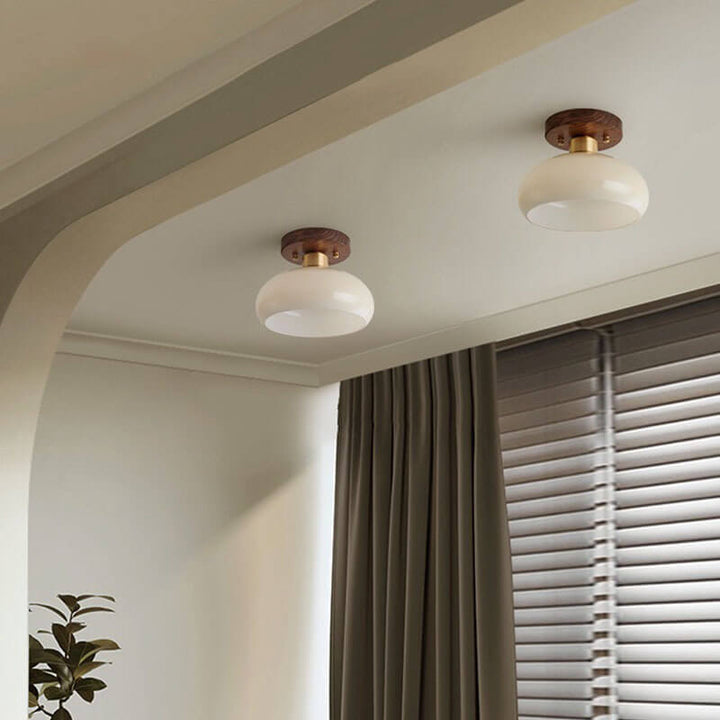 Vintage Round Walnut Semi-Flush Ceiling Light