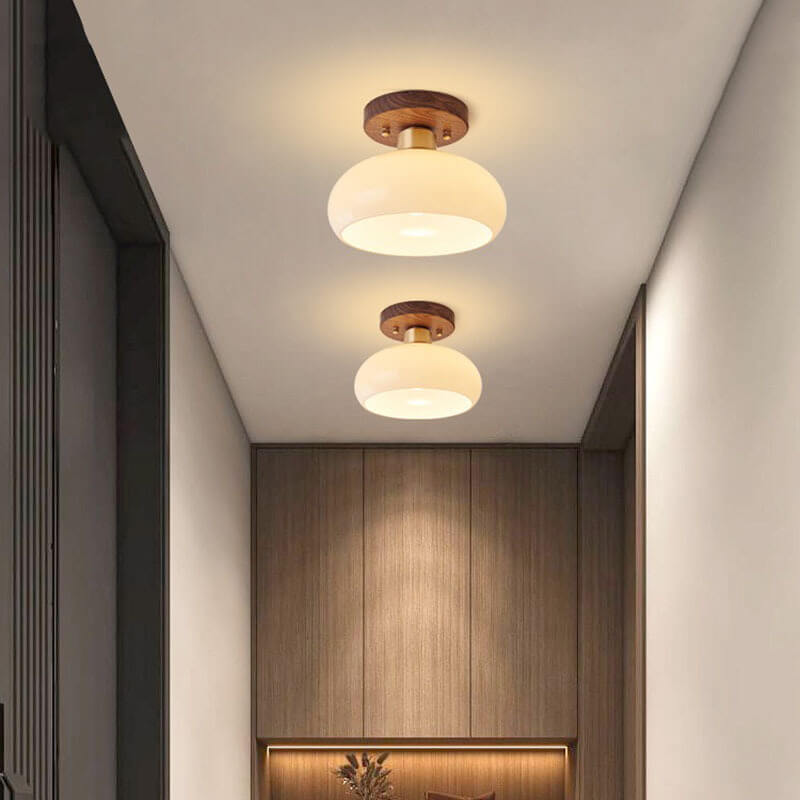 Vintage Round Walnut Semi-Flush Ceiling Light