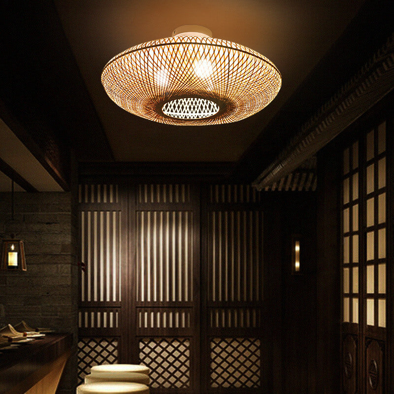 Traditional Round Bamboo 3-Light Semi-Flush Ceiling Light