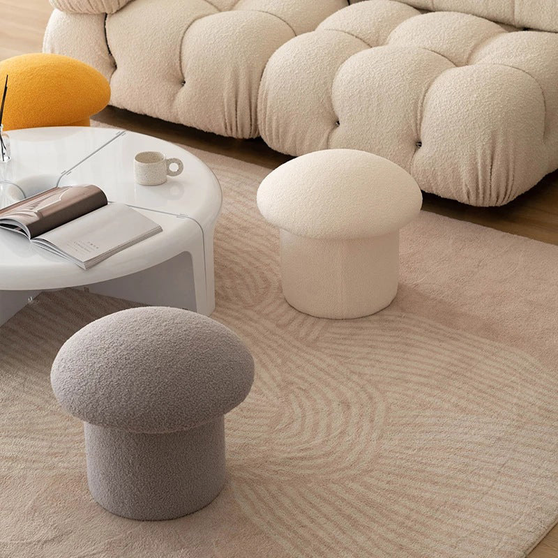 Modern Minimalist Mushroom Cylinder Sherpa Fleece Wood Vanity Stool For Bedroom