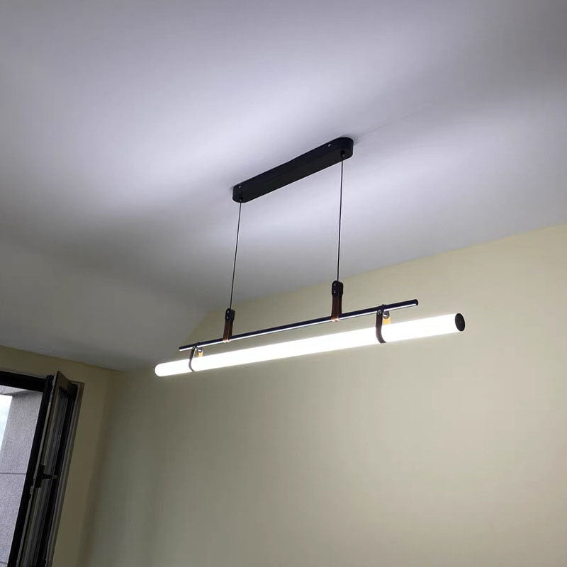 Modern Minimalist Long Strip Iron Acrylic Faux Leather LED Island Light Chandelier For Living Room & Dining Room