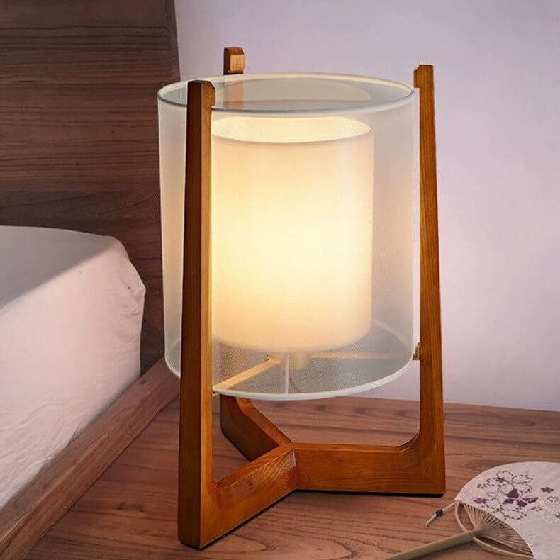 Traditional Japanese Solid Wood Brass Fabric Column 1-Light Standing Floor Lamp For Living Room And Bedroom