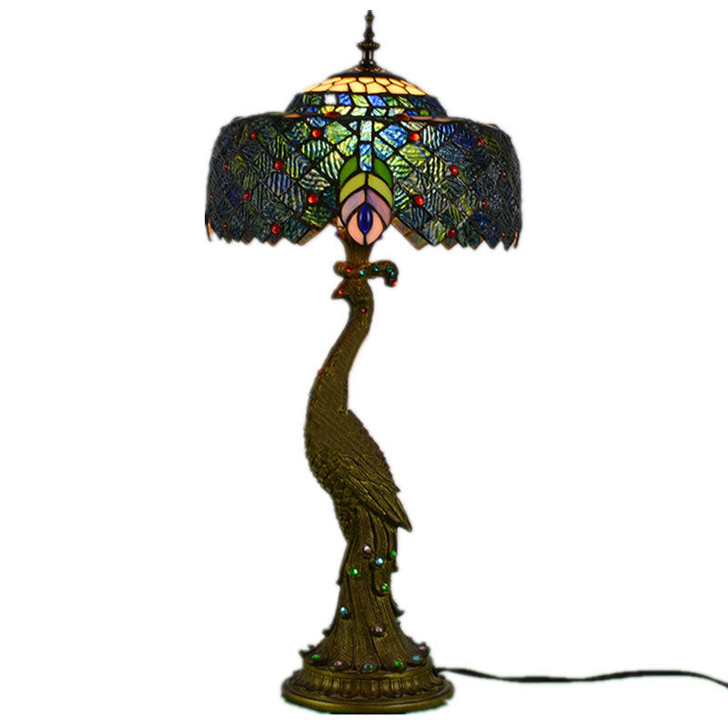 Traditional Tiffany Peacock Gem Dome Glass Resin 1-Light Table Lamp For Living Room & Bedroom