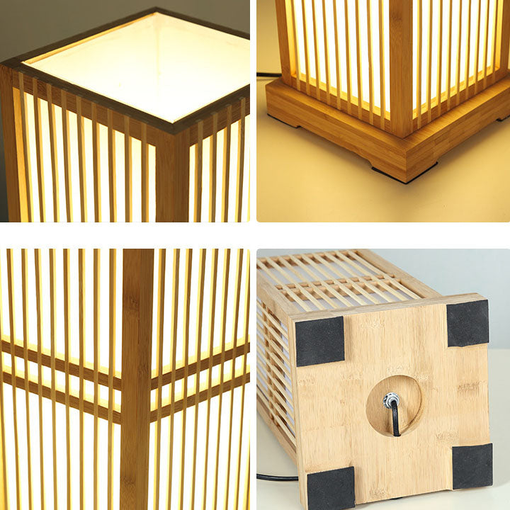 Traditional Japanese Square Bamboo Column 1-Light Table Lamp For Bedroom