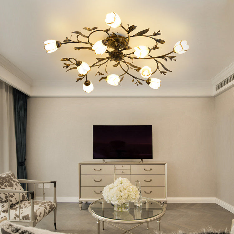 Traditional Flower Glass 12-Light Semi-Flush Ceiling Light