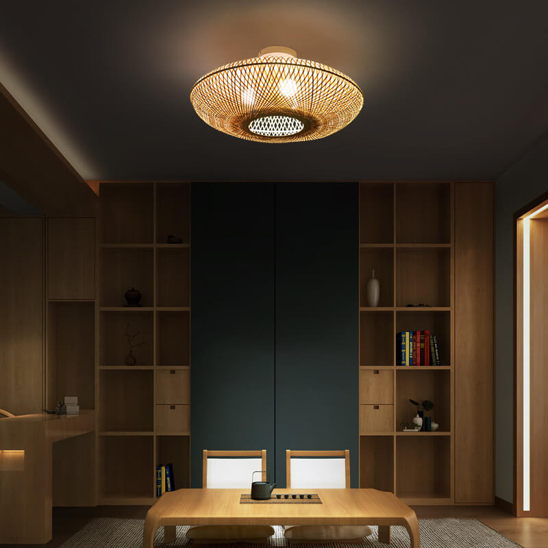 Traditional Japanese Round Bamboo Weaving Flying Saucer 3-Light Semi-Flush Mount Light For Bedroom
