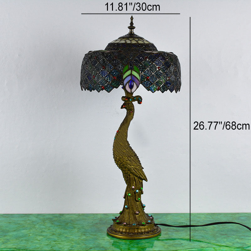 Traditional Tiffany Peacock Gem Dome Glass Resin 1-Light Table Lamp For Living Room & Bedroom