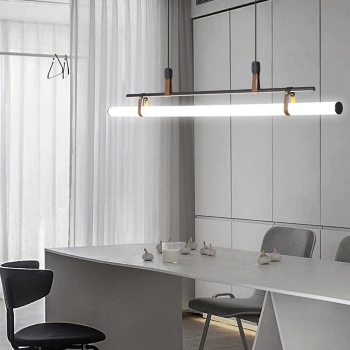 Modern Minimalist Long Strip Iron Acrylic Faux Leather LED Island Light Chandelier For Living Room & Dining Room
