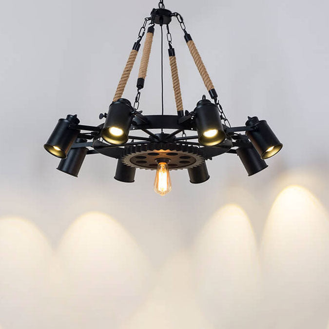 Contemporary Industrial Retro Gear Wrought Ion Hemp Rope 7/9/11-Light Chandelier For Living Room