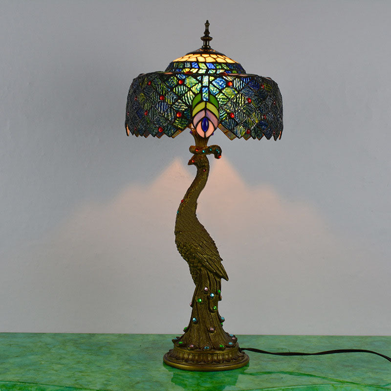 Traditional Tiffany Peacock Gem Dome Glass Resin 1-Light Table Lamp For Living Room & Bedroom