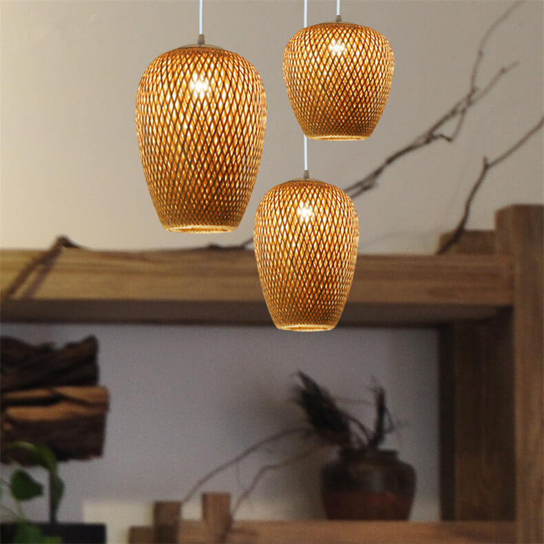 Traditional Vintage Bamboo Metal Weaving Round 1-Light Pendant Light for Living Room