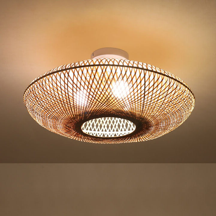 Traditional Japanese Round Bamboo Weaving Flying Saucer 3-Light Semi-Flush Mount Light For Bedroom