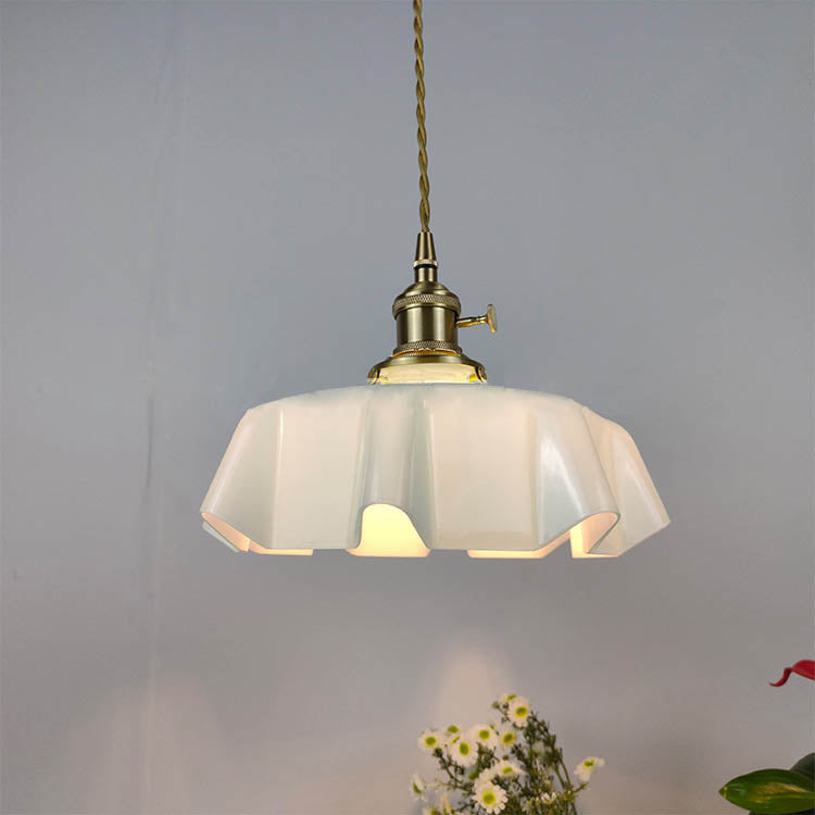 Traditional Japanese Cream Petal Glass Iron 1-Light Pendant Light For Dining Room