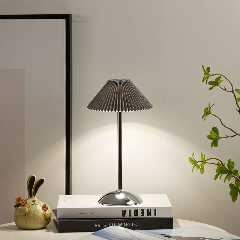 Contemporary Scandinavian Rechargeable Iron Fabric Conic Pleated 1-Light Table Lamp For Bedside