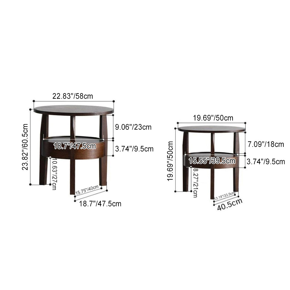 Contemporary Retro Antique Rubberwood Pine Wood Plywood Circular End Table 2-Tier Drawer For Living Room