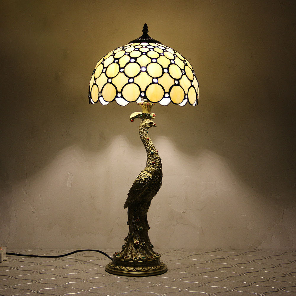 Traditional Tiffany Peacock Gem Dome Glass Resin 1-Light Table Lamp For Living Room & Bedroom
