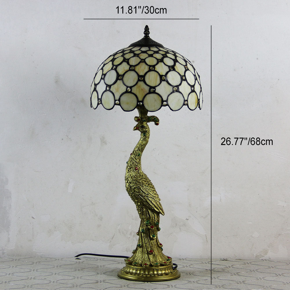 Traditional Tiffany Peacock Gem Dome Glass Resin 1-Light Table Lamp For Living Room & Bedroom