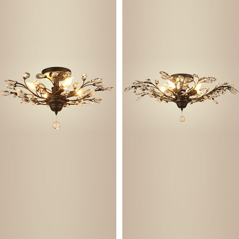 Traditional Branch Crystal 6-Light Semi-Flush Ceiling Light