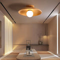 Modern Simplicity Rubberwood Glass Round 1-Light Semi-Flush Mount Ceiling Light For Hallway