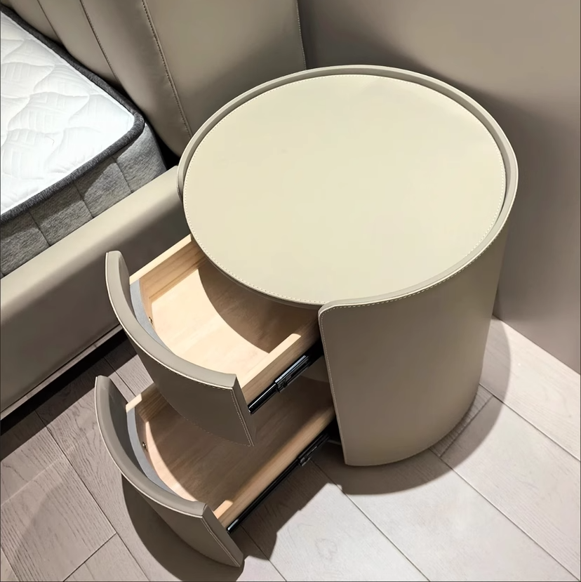 Modern Luxury Round Faux Saddle Leather Plywood Nightstand 2-Drawer For Bedroom