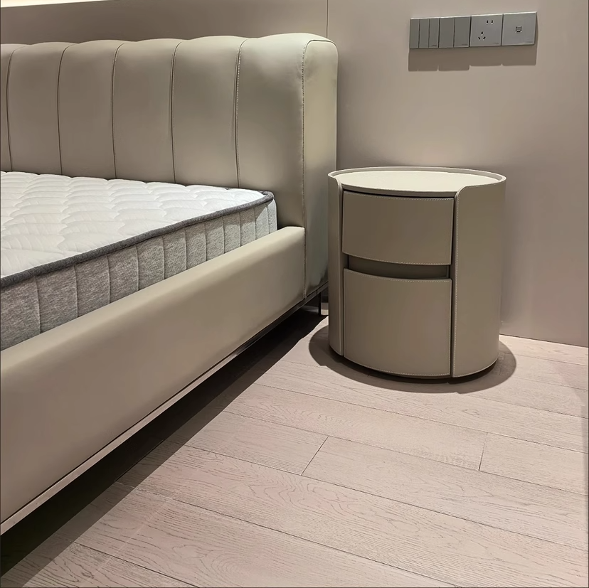Modern Luxury Round Faux Saddle Leather Plywood Nightstand 2-Drawer For Bedroom