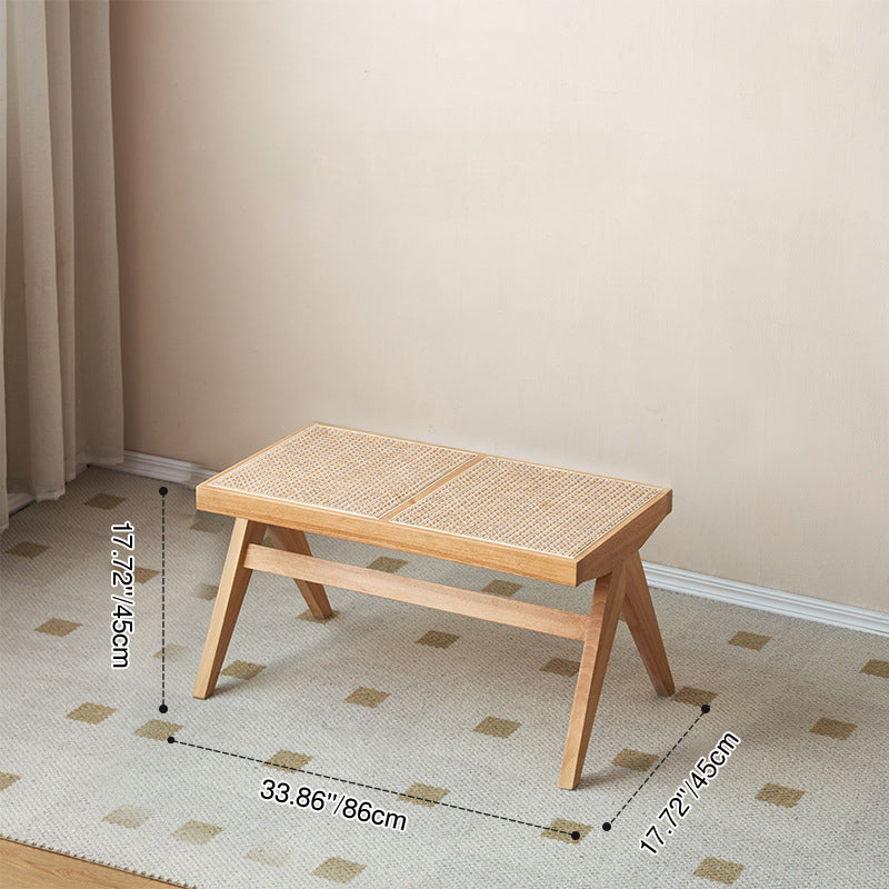 Traditional Japanese Rubber Wood And Rattan Rectangular V-Leg Bench With Handwoven Seat For Entryway And Living Room
