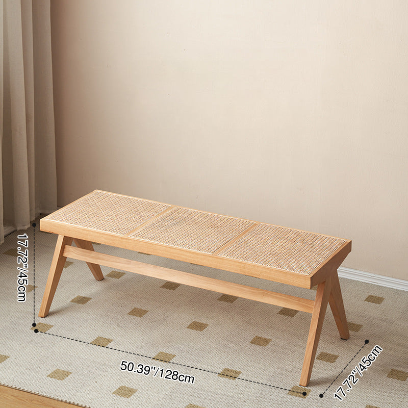 Traditional Japanese Rubber Wood And Rattan Rectangular V-Leg Bench With Handwoven Seat For Entryway And Living Room