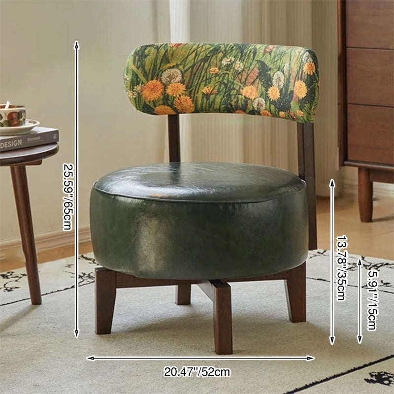 Traditional Vintage Swivel Round Wood Oil-waxed Leather Chair Backrest For Living Room