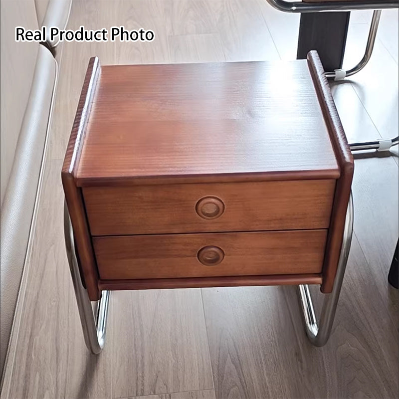Contemporary Retro Rectangular Oak Wood Stainless Steel Frame Nightstand 2-Drawer For Bedroom