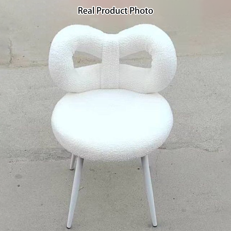 Contemporary Creative Bow Knot Sherpa Fabric Iron Vanity Stool Backrest Armless For Bedroom