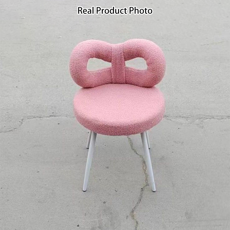 Contemporary Creative Bow Knot Sherpa Fabric Iron Vanity Stool Backrest Armless For Bedroom