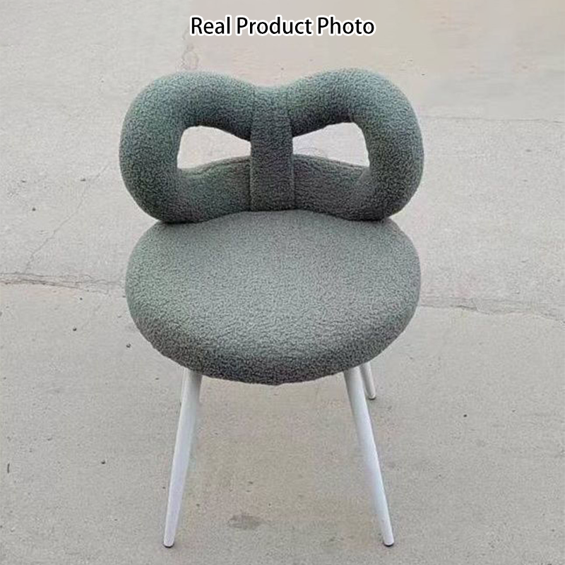 Contemporary Creative Bow Knot Sherpa Fabric Iron Vanity Stool Backrest Armless For Bedroom