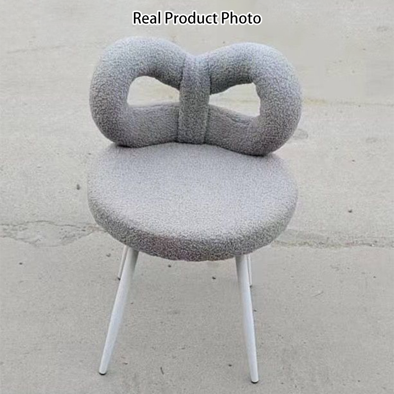 Contemporary Creative Bow Knot Sherpa Fabric Iron Vanity Stool Backrest Armless For Bedroom