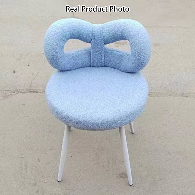 Contemporary Creative Bow Knot Sherpa Fabric Iron Vanity Stool Backrest Armless For Bedroom