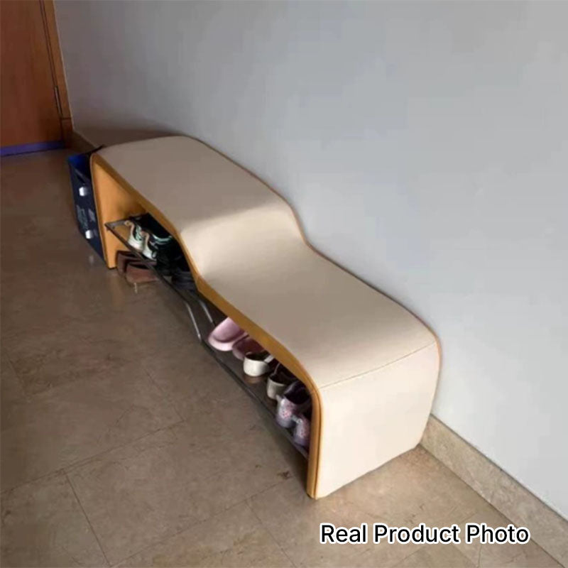 Modern Minimalist Sponge Faux Leather Solid Wood Metal Rectangular Shoe Bench Armless For Entryways