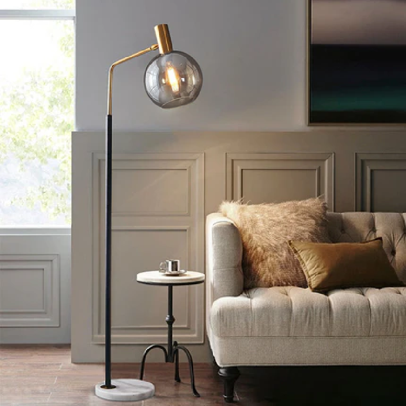 Contemporary Nordic Glass Dome Shade Marble Base 1-Light Standing Floor Lamp For Living Room