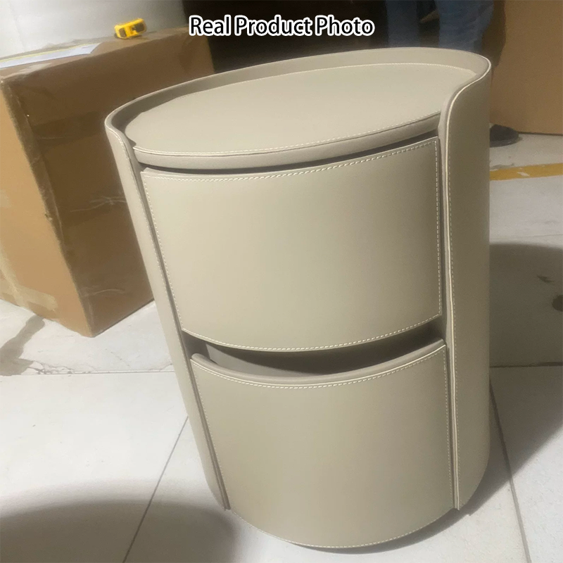 Modern Luxury Round Faux Saddle Leather Plywood Nightstand 2-Drawer For Bedroom