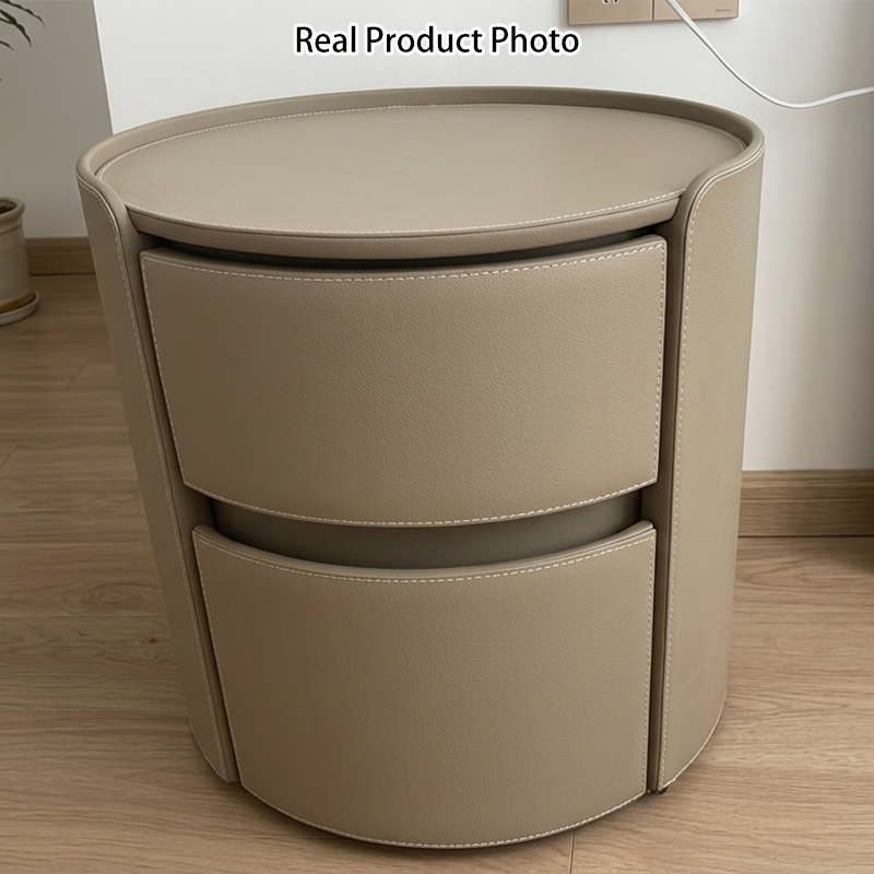 Modern Luxury Round Faux Saddle Leather Plywood Nightstand 2-Drawer For Bedroom