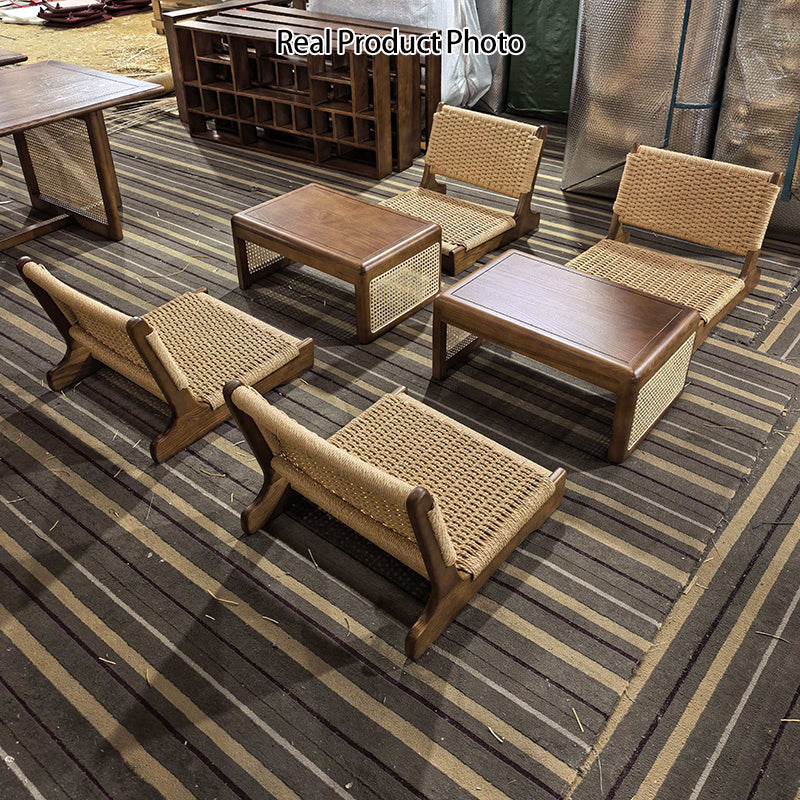 Traditional Japanese Tatami Braided Rope Ash Frame Square Lounge Chair Backrest For Living Room
