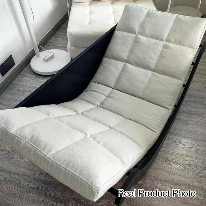 Contemporary Nordic Faux Leather Cotton-Linen & HDF Moon Boat Rocking Chair Recliner With Backrest For Living Room & Bedroom