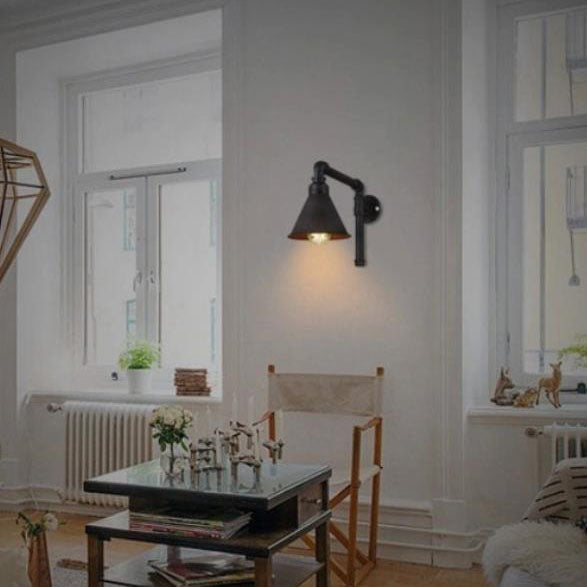 Contemporary Industrial Plumbing Cone Iron 1-Light Wall Sconce Lamp for Living Room