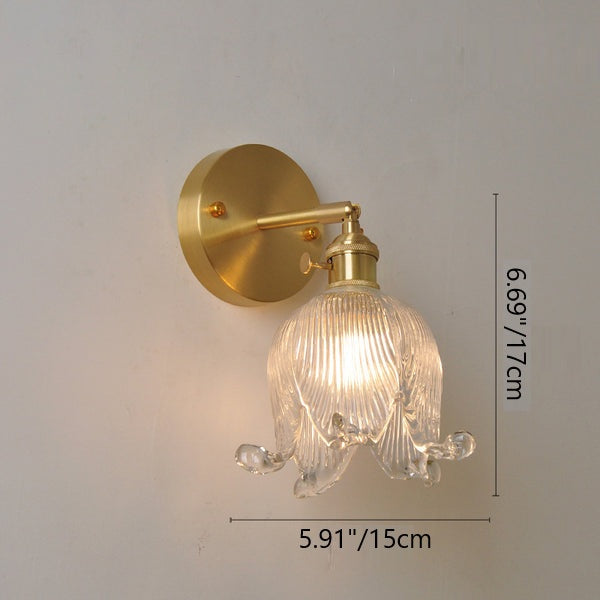 Traditional Vintage Brass Glass Bell Flower 1-Light Wall Sconce Lamp for Living Room