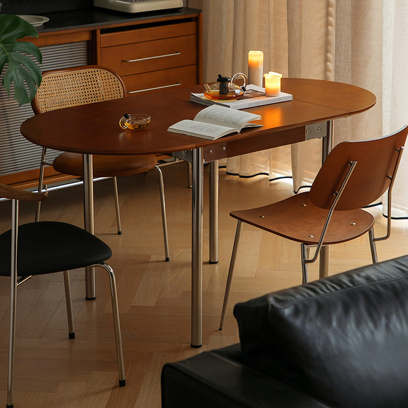 Modern Minimalist Foldable Oval Melamine Faced Board Wood Stainless Steel Dining Table For 4 Seats