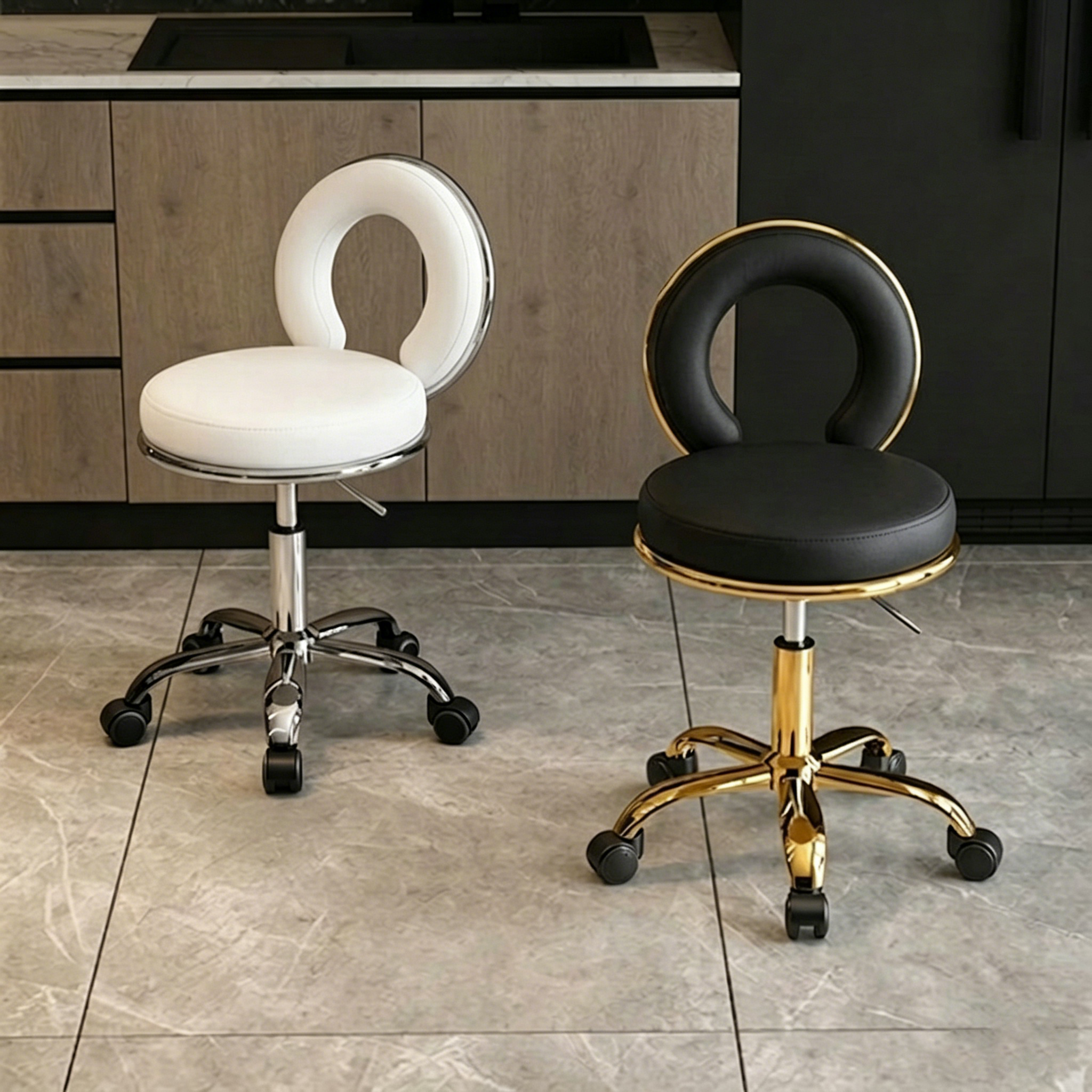Contemporary Scandinavian Round Cushion Hollow Iron Faux Napa Leather Vanity Stool Backrest Armless For Bedroom