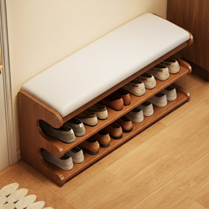 Leather Minimalist Rectangular Bamboo Shoe Bench