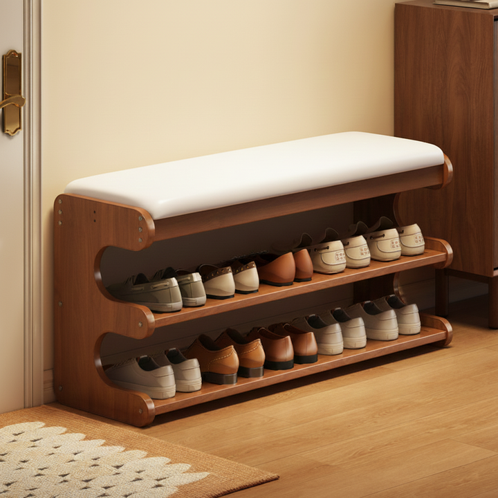 Leather Minimalist Rectangular Bamboo Shoe Bench
