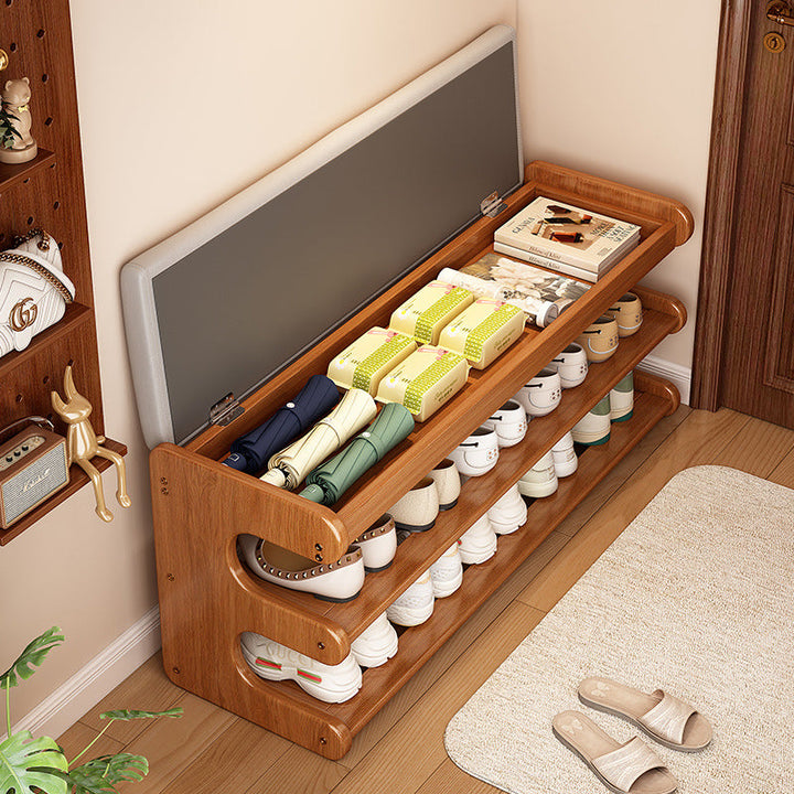 Leather Minimalist Rectangular Bamboo Shoe Bench