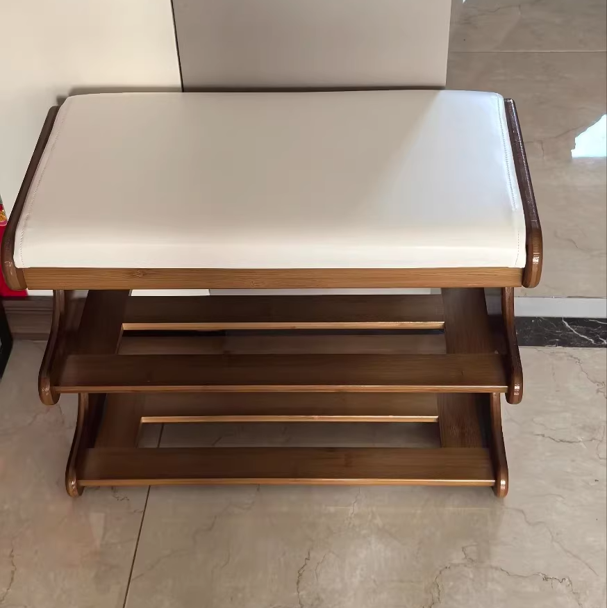 Leather Minimalist Rectangular Bamboo Shoe Bench